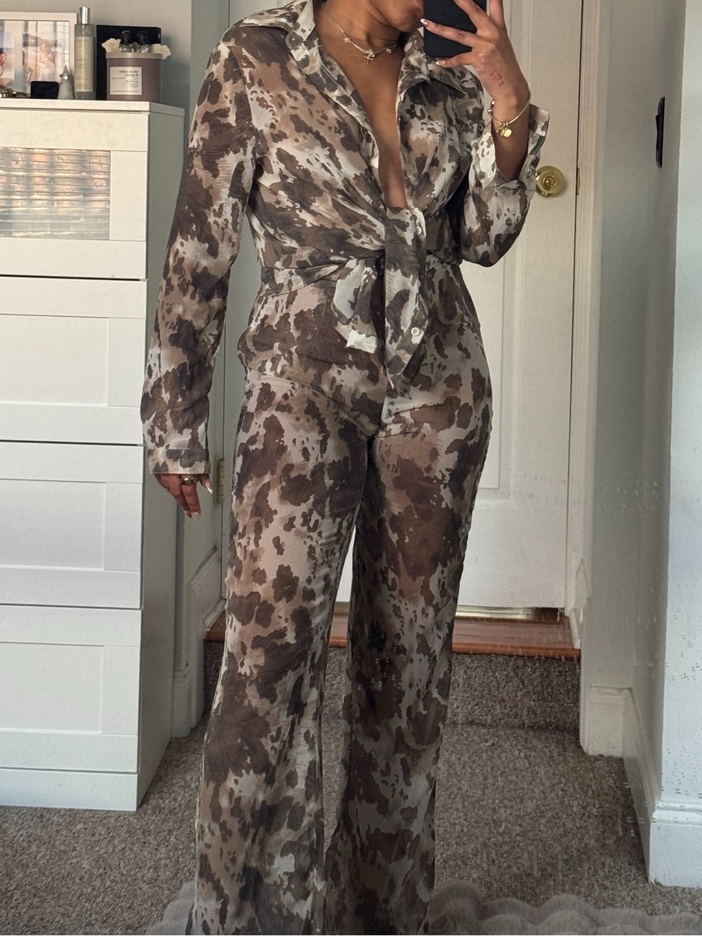 PrettyLittleThing Brown Tie-Front Sheer Pants Set